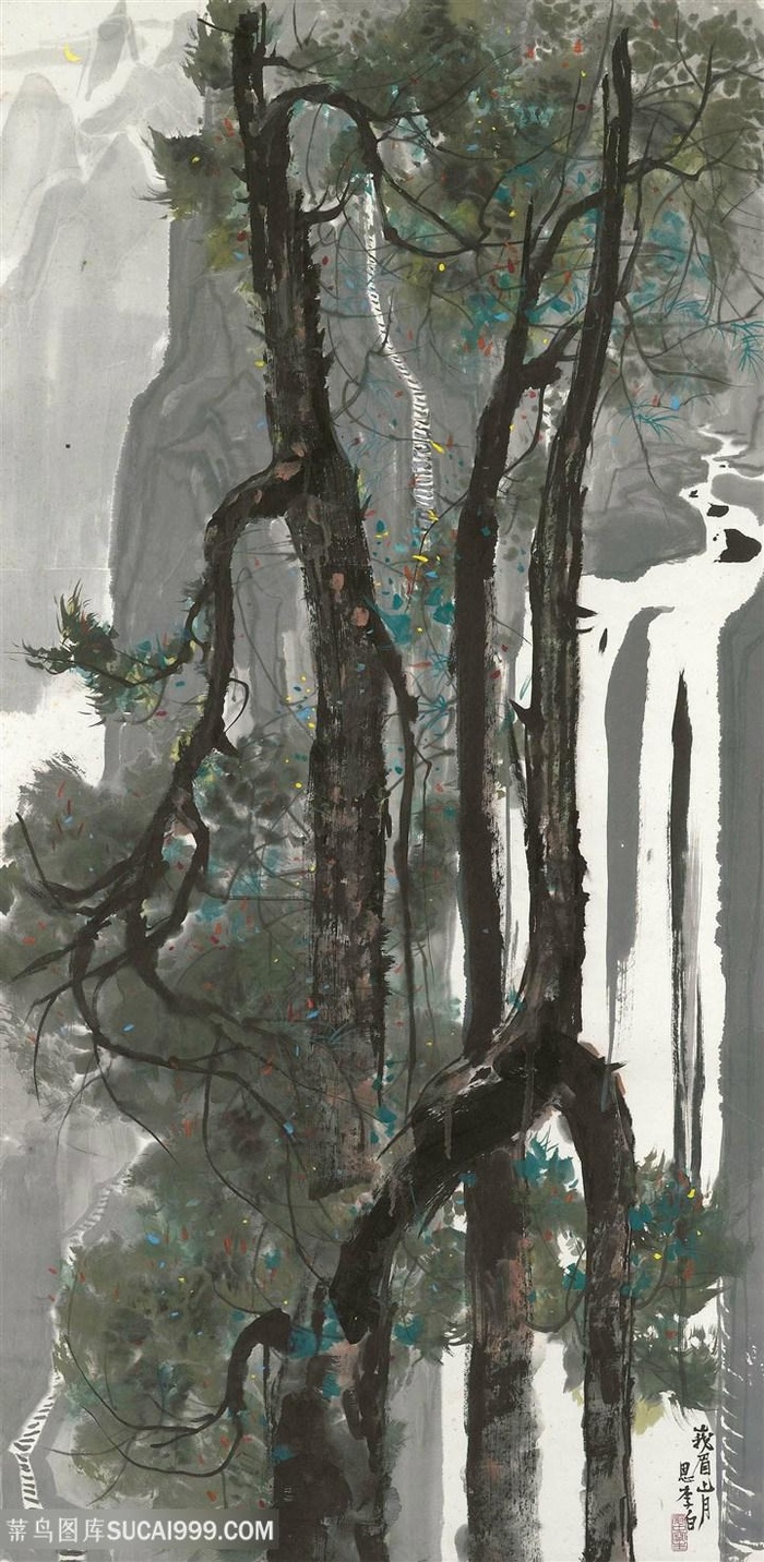 吴冠中手绘水墨树林美景装饰画