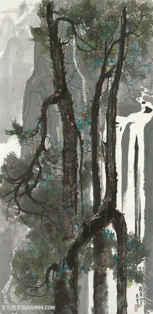 吴冠中手绘水墨树林美景装饰画