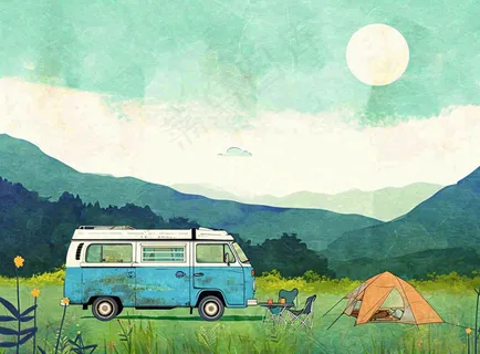 春天夏日清新草坪房车旅行露营玩耍手绘插画