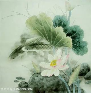 工笔画莲花游鱼装饰画