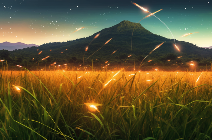 草地上有萤火虫的夜空身临其境的环境摄影图