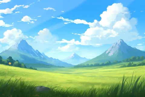 卡通插画春天蓝天白云下的草原山川