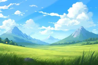 卡通插画春天蓝天白云下的草原山川