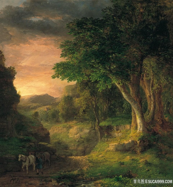 树林山脉风景画油画图片