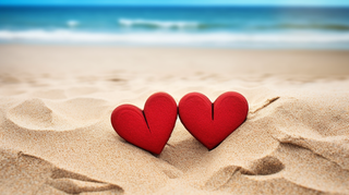 海边沙滩上摆放着两个红色爱心互相依靠摄影图