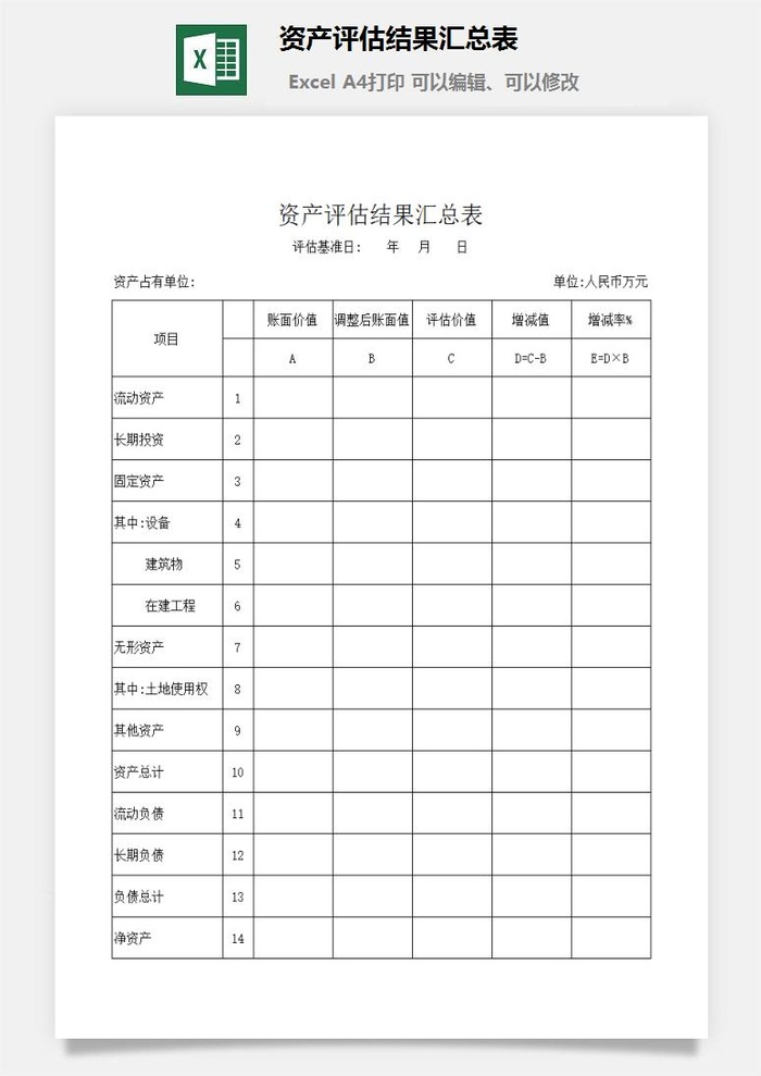 资产评估结果汇总表excel模板