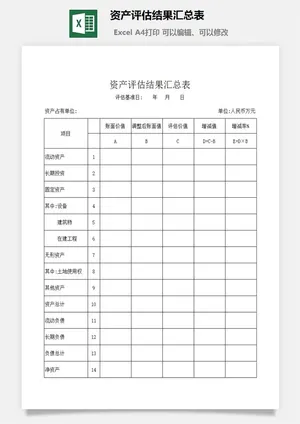 资产评估结果汇总表excel模板预览图