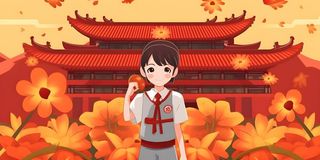 学生中国红祖国繁花背景