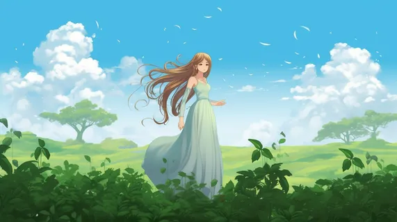 长发少女在草坪花丛蓝天白云卡通插画 长发少女在草坪花丛蓝天白云卡通插画