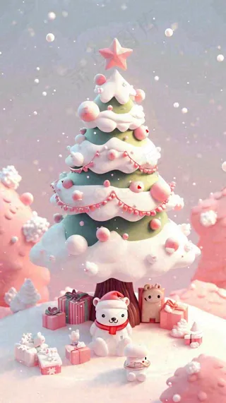 冬天圣诞树有小猫可爱，雪球雪花圣诞节