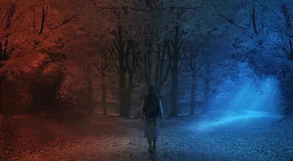 站在夜晚森林中的分叉路口的人高清图片