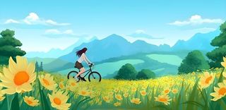 春天蓝天鸟白云群山花丛草丛骑着自行车的女孩人物插画素材背景