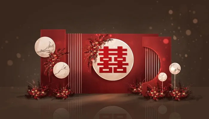 红色中式传统婚礼迎宾区效果图psd模版下载