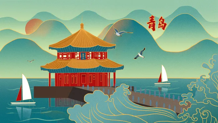 中国风国潮古建筑地标城市古风建筑阁楼印象地标手绘插画PSD素材psd模版下载