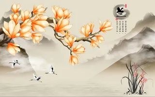 中国风玉兰水墨山水