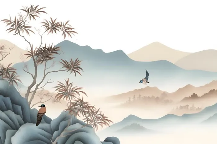 古风山水画迎客松鸟水墨画背景(4032x2688)