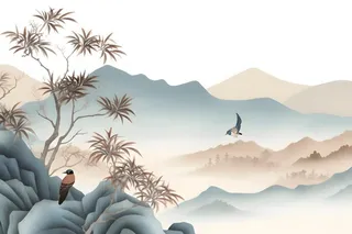 古风山水画迎客松鸟水墨画背景
