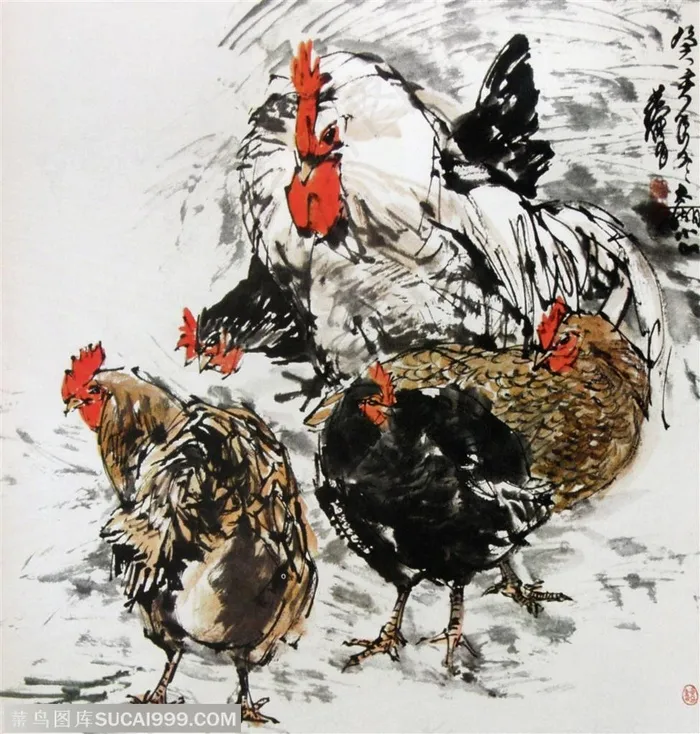 国画名家作品-黄胄的五鸡图