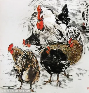 国画名家作品-黄胄的五鸡图 国画名家作品-黄胄的五鸡图