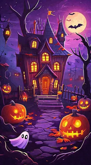 万圣节恐怖城堡南瓜夜晚暗紫色卡通节日