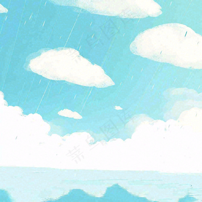 夏天海边蓝天白云水彩画