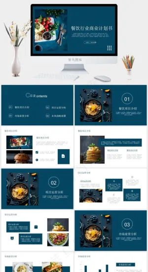 蓝色餐饮行业商业计划书PPT预览图