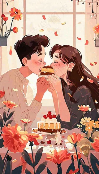 情人节情侣浪漫圣诞节日温馨生日会，插画手绘，居家餐厅美食