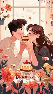 情人节情侣浪漫圣诞节日温馨生日会,插画手绘,居家餐厅美食 情人节情侣浪漫圣诞节日温馨生日会,插画手绘,居家餐厅美食