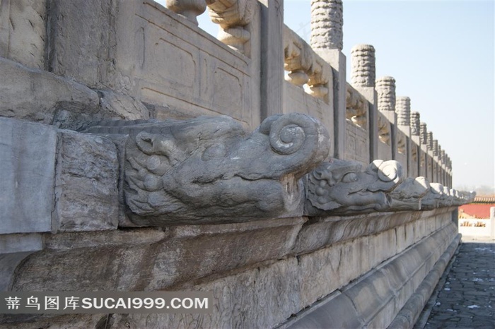 北京故宫宫殿台基汉白玉护栏及龙头近照