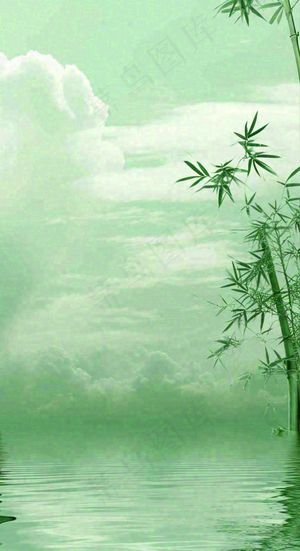 中国风绿色唯美已经云海河湖竹子，水面倒影