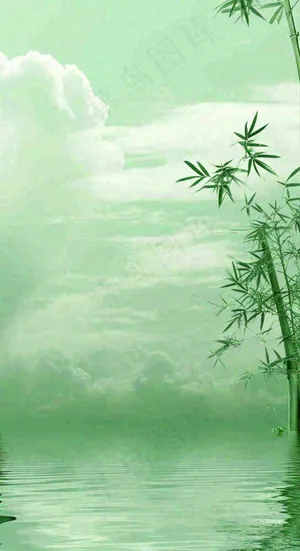 中国风绿色唯美已经云海河湖竹子，水面倒影
