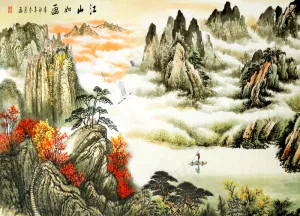 中国风山水花鸟树木丹顶鹤帆船客厅卧室玄关画酒店装饰画壁画挂画江山图