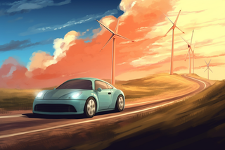 草原风车公路的小车天空云彩卡通插画素材背景