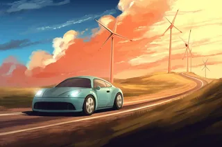 草原风车公路的小车天空云彩卡通插画素材背景