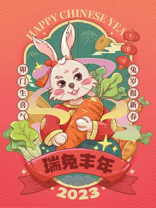 2023兔年新年春节喜庆中国风兔子活动营销海报模板PSD设计素材