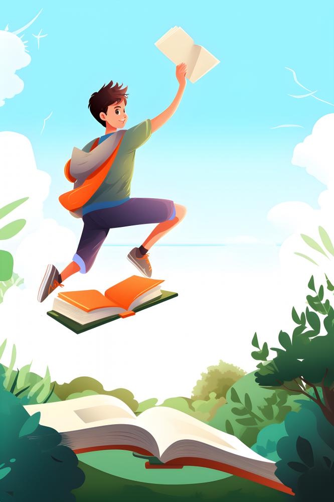 学生跳跃书籍花草背景