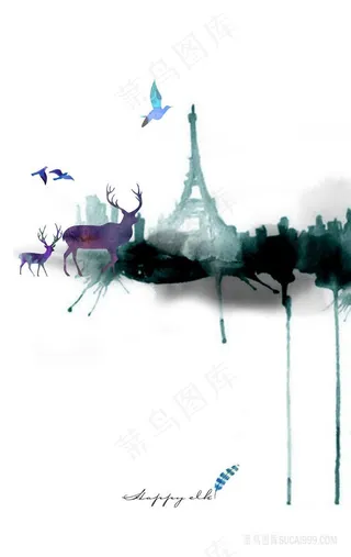 北欧水彩麋鹿风景画