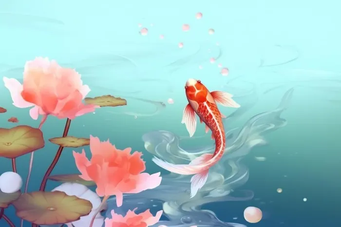 简约金鱼粉色花水花背景(1344x896)