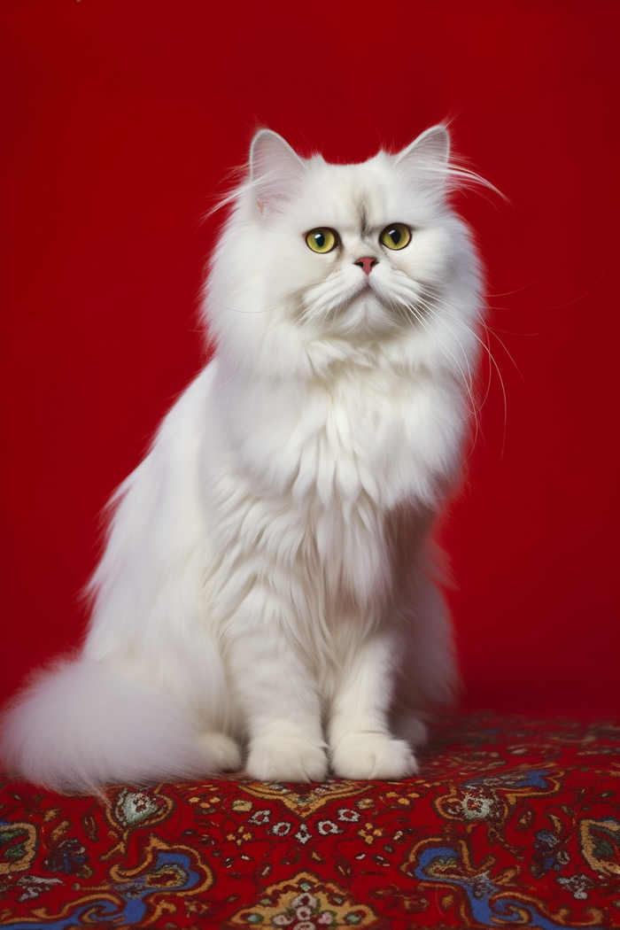 白色长毛猫咪在红色背景摄影图(2688x4032)