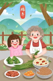 国潮风中国传统节日端午节赛龙舟粽子场景插画海报PSD设计素材