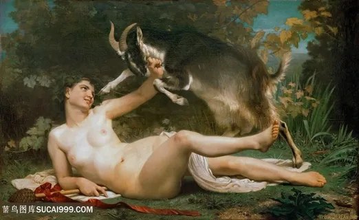 布格罗油画裸体美女山羊艺术挂画 布格罗油画裸体美女山羊艺术挂画
