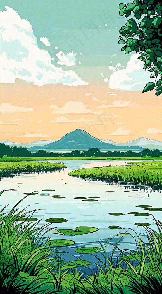 春天阳光灿烂远处的高山和田野春意盎然手绘卡通画(816x1472)