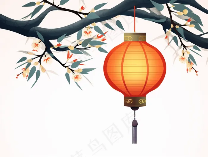 古风树枝挂灯笼花枝头插画素材(3696x2784)