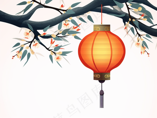 古风树枝挂灯笼花枝头插画素材