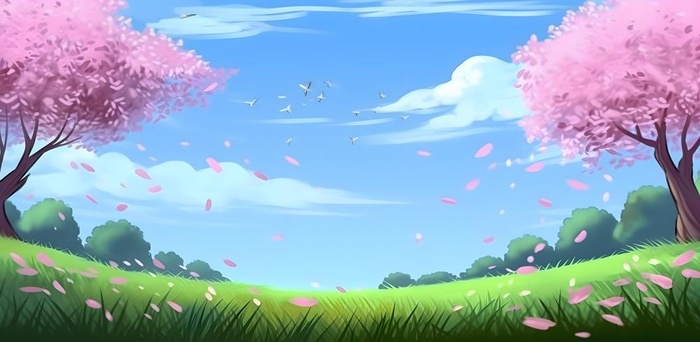 春天蓝天白云草原绿色树草地手绘插画海报素材背景(6272x3072)