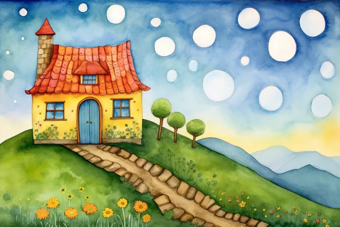 森林里的小房子门前花丛草地石子路卡通插画素材背景