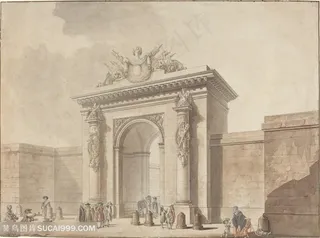 欧洲建筑罗马柱装饰画挂画手绘插画