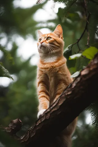 橘猫田园猫爬在树干上玩耍摄影图