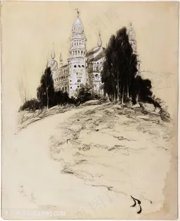 诺曼 · 洛克威尔手绘建筑树木风景画