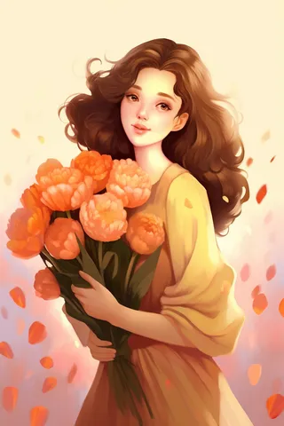 美丽少女抱着一束鲜花卡通插画黄色背景